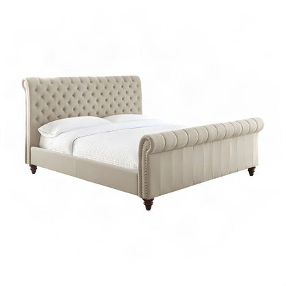 Polyester-Upholstered King Sleigh Bed Frame with Tufted Headboard, Sand