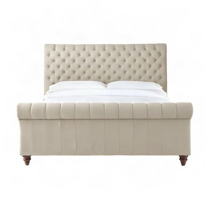 Polyester-Upholstered King Sleigh Bed Frame with Tufted Headboard, Sand