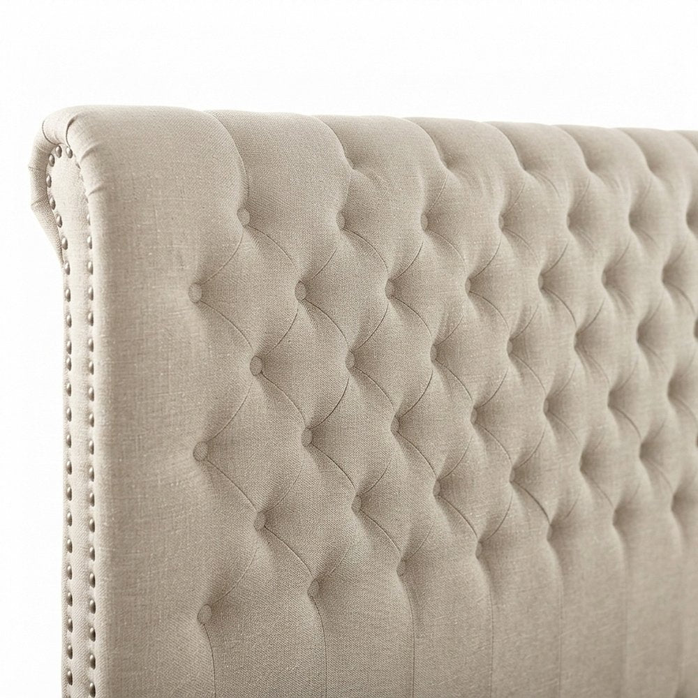 Polyester-Upholstered King Sleigh Bed Frame with Tufted Headboard, Sand