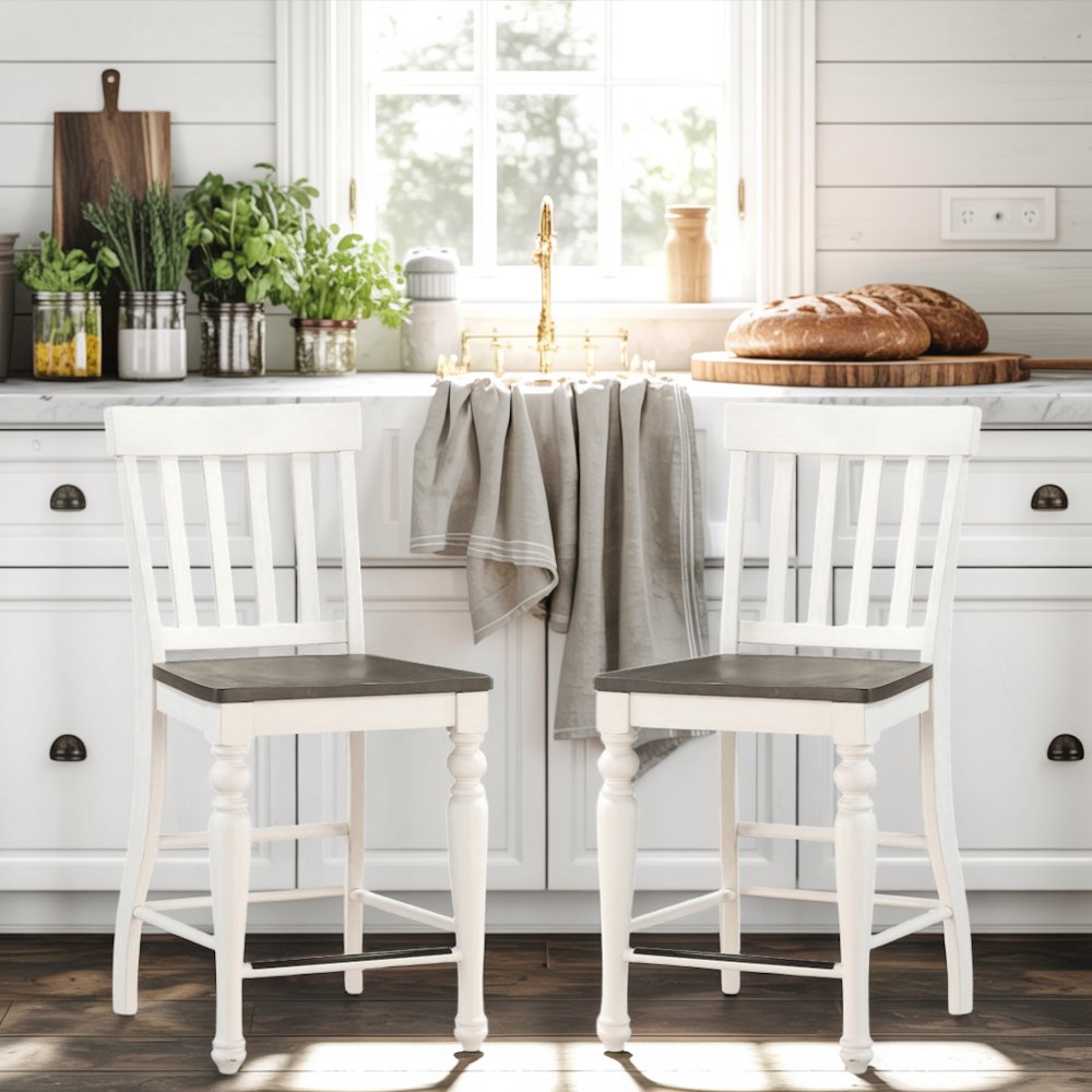 Ivory and Dark Oak Counter Height Dining Table with Chairs – Farmhouse Set for 8