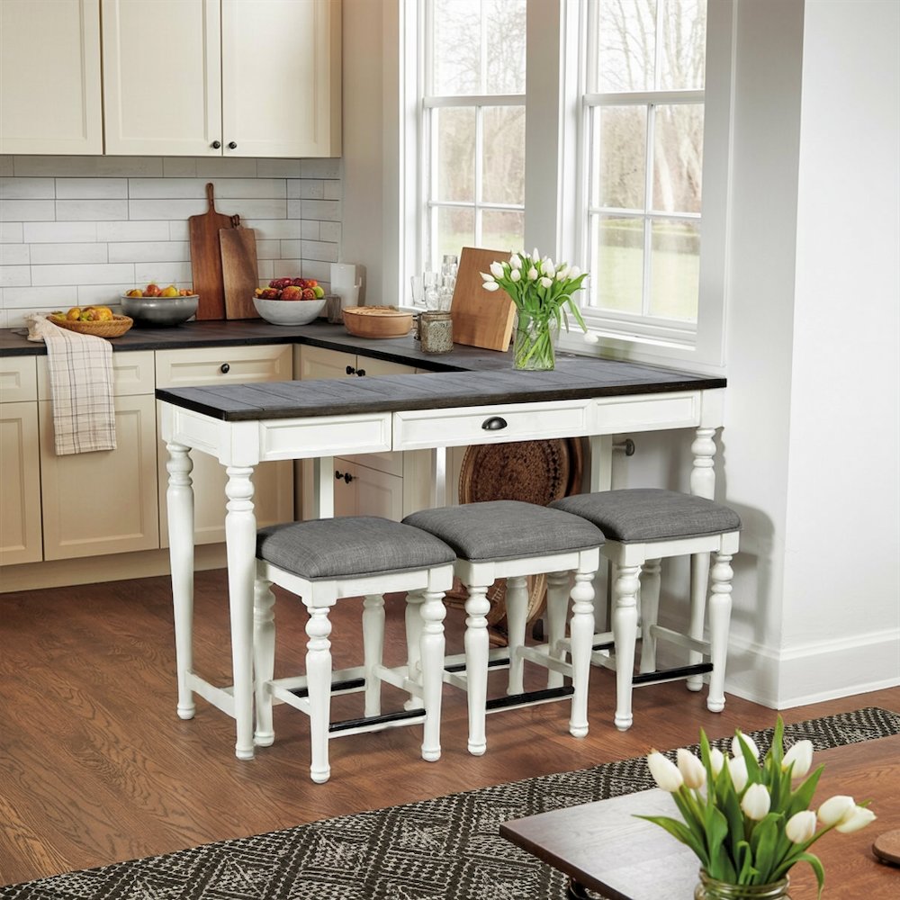 Ivory and Mocha Sofa Table, 3 Stools – 60" Console Bar Table for Behind Couch