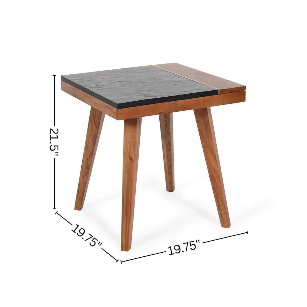 Mid Century End Table, Acacia Wood, Slate Veneer, Brass Inlay