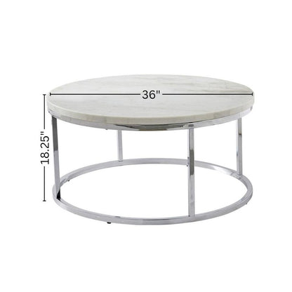 Round Cocktail Table, White Genuine Marble, Chrome Base, Contemporary Luxury