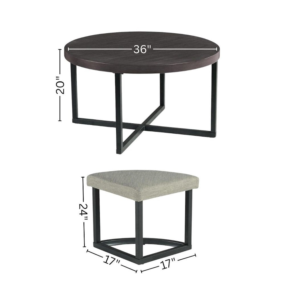Round Coffee Table with Stools, Mindi Veneer, 5 Piece Set, Brown