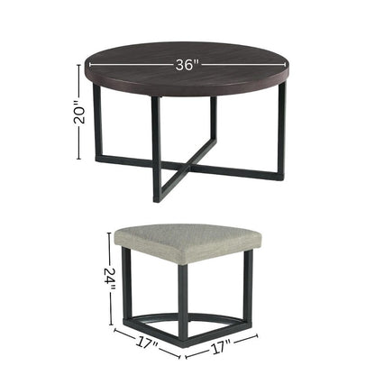 Round Coffee Table with Stools, Mindi Veneer, 5 Piece Set, Brown