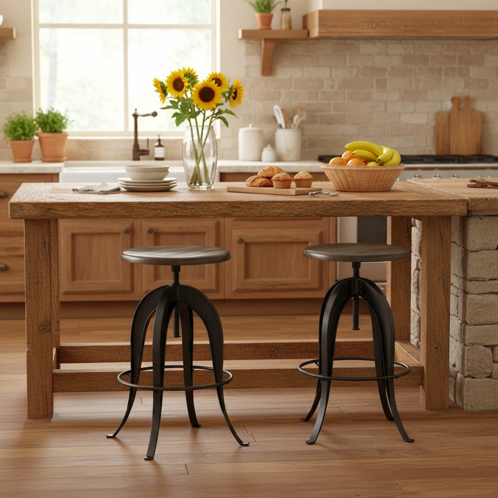 Adjustable Swivel Bar Stool, Sheesham Wood, Cast Iron Base, Industrial