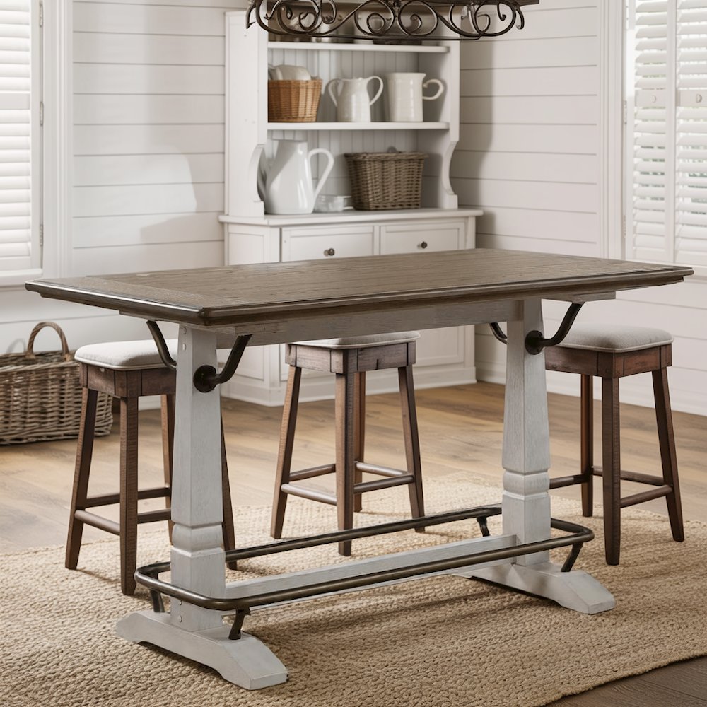 Ivory and Honey Oak 59.5" Counter Height Table for 6 with Double Pedestal Base