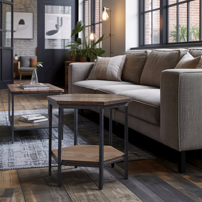 Hexagon End Table with Ash Veneer Top and Iron Base – Accent Table with Shelf