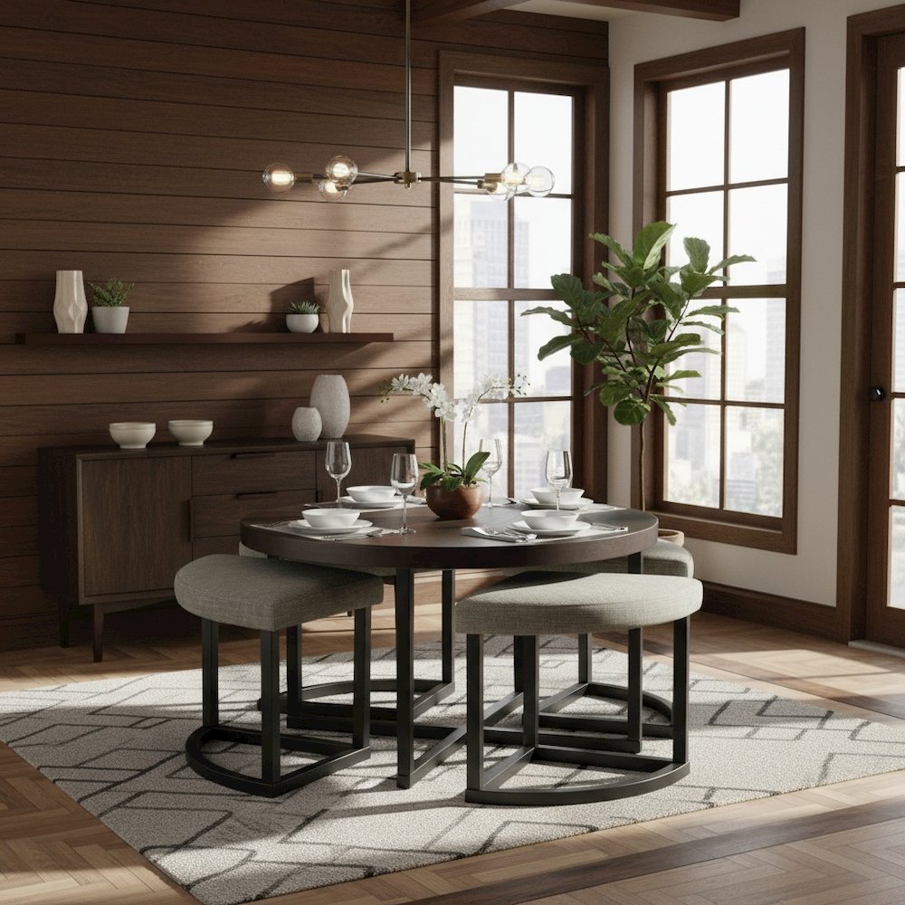 Round Coffee Table with Stools, Mindi Veneer, 5 Piece Set, Brown