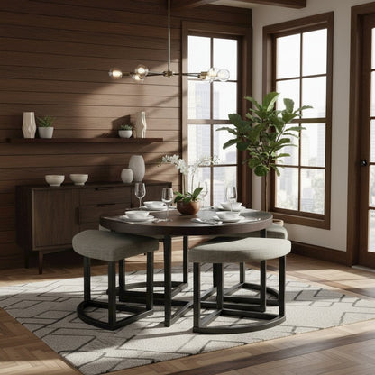 Round Coffee Table with Stools, Mindi Veneer, 5 Piece Set, Brown
