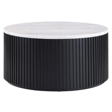 36" Round White Marble Top Coffee Table with Casters, Black Finish