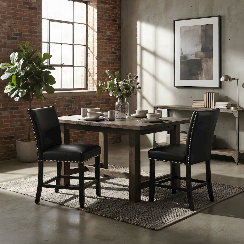 Faux Leather Upholstered Counter Height Bar Stools with Back, Set of 2, Black