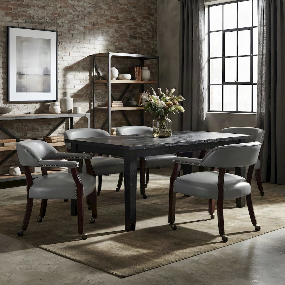 Faux Leather Rolling Dining Chair with Arms and Swivel Casters, Brown