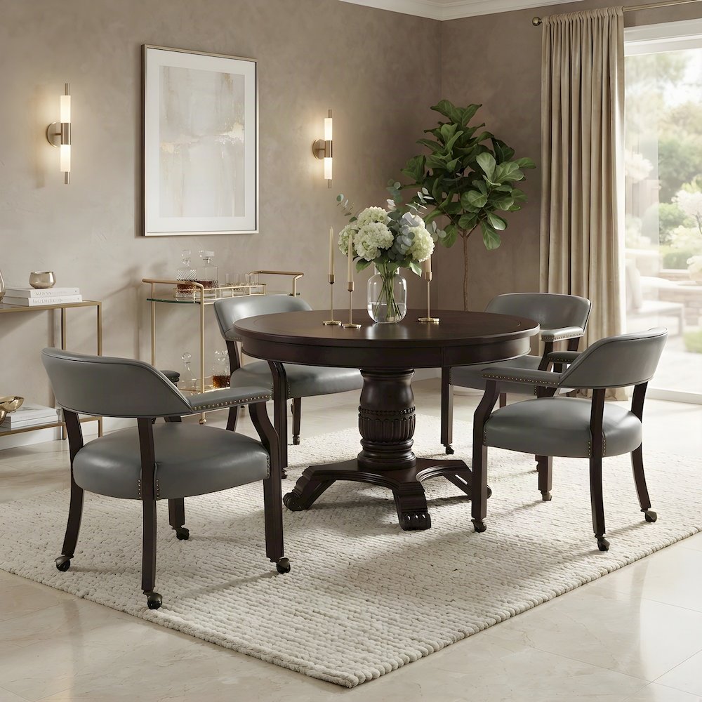 Faux Leather Rolling Dining Chair with Arms and Swivel Casters, Brown