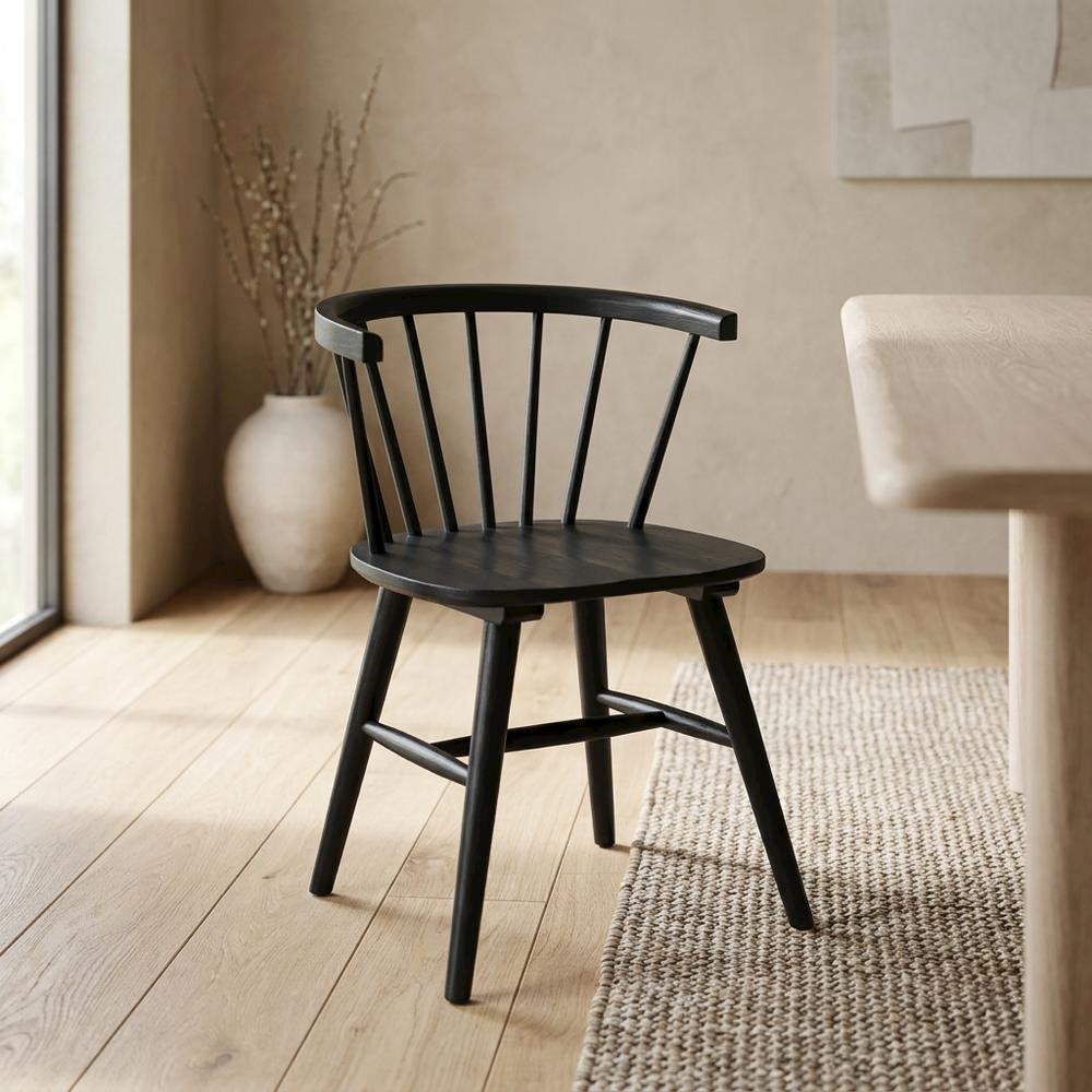 Solid Rubberwood Dining Chair with Curved Back for Dining Room, Black