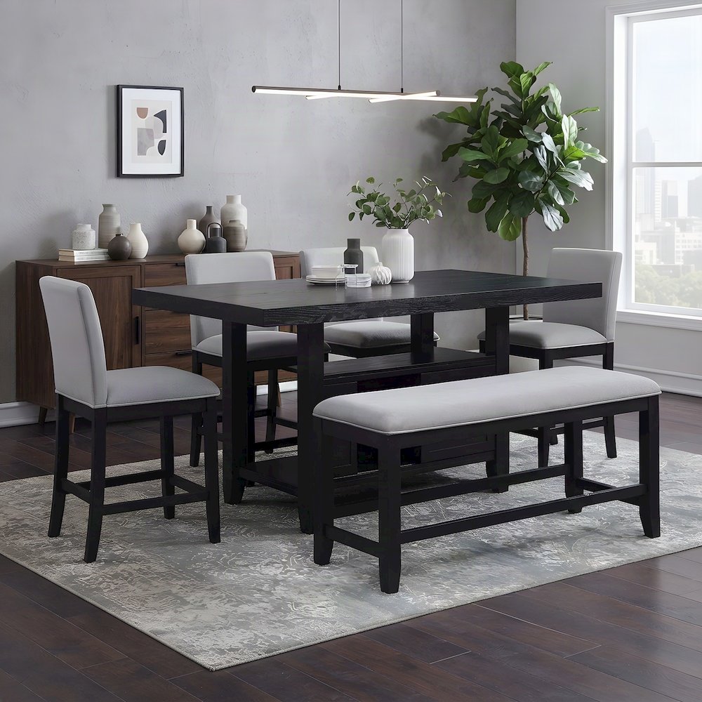 Polyester-Upholstered Counter Height Bench with Rubberwood Frame