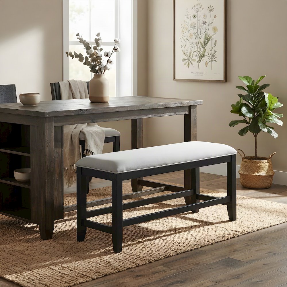 Polyester-Upholstered Counter Height Bench with Rubberwood Frame