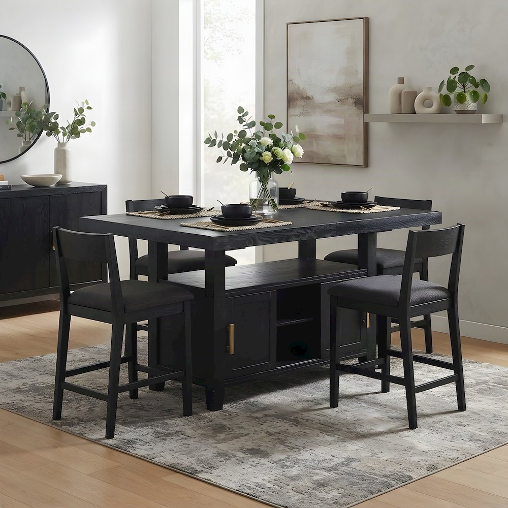 Industrial-Style Acacia and Iron Counter Height Bar Table with Storage, Black