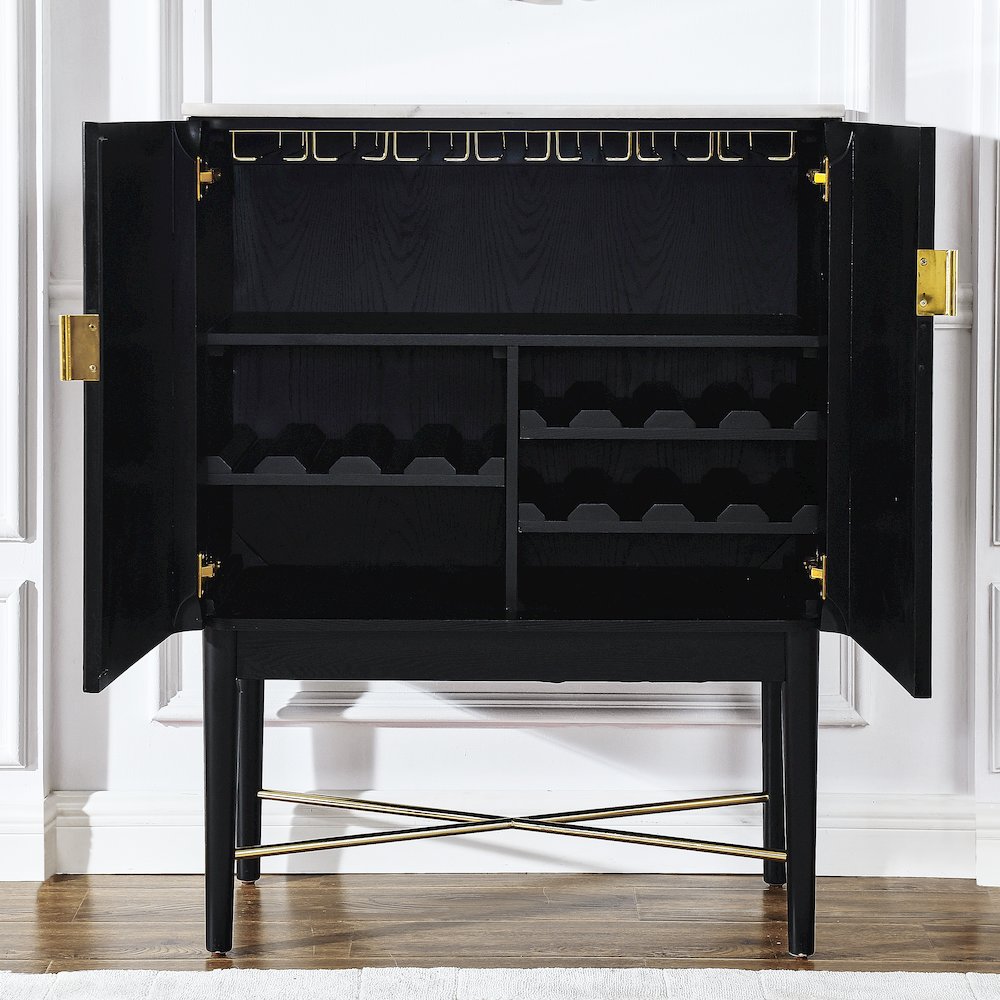 Vida Marble Top WIne Cabinet, Black Finish