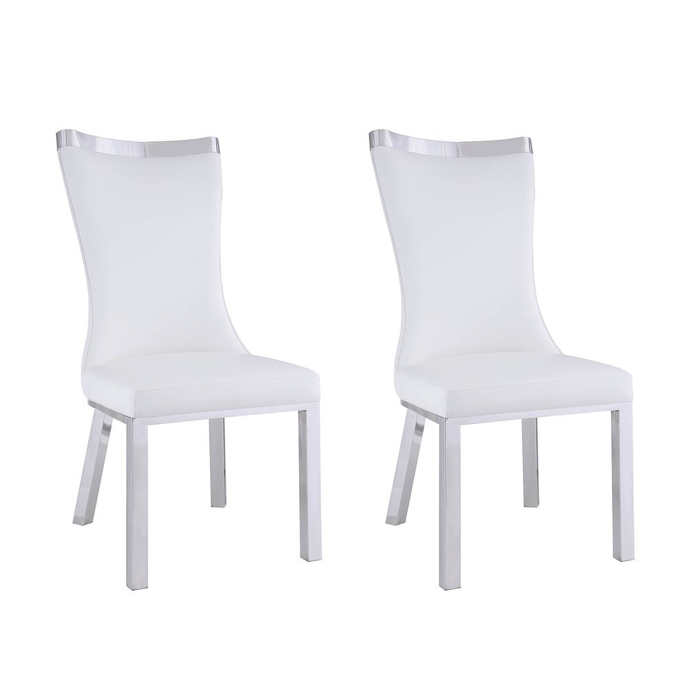 White Dining Chair Set of 2 - Faux Leather Upholstery and Steel Legs