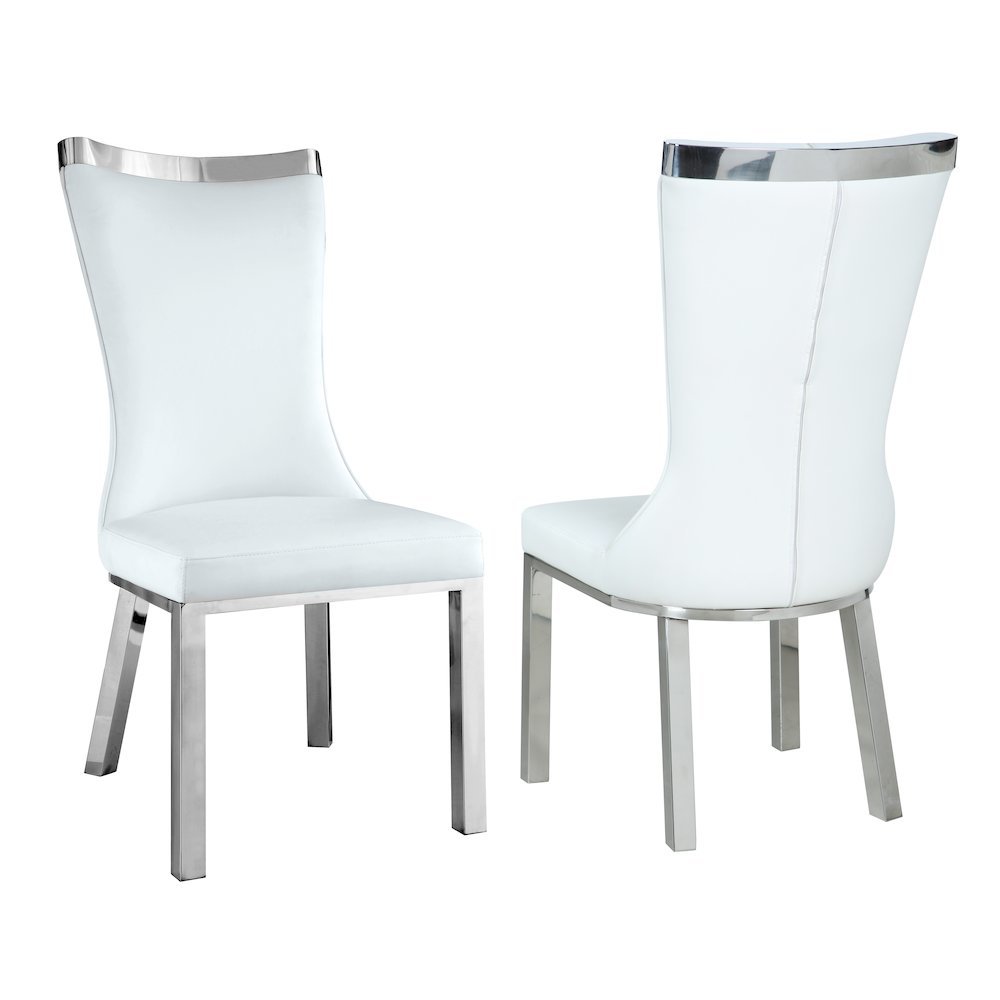 White Dining Chair Set of 2 - Faux Leather Upholstery and Steel Legs