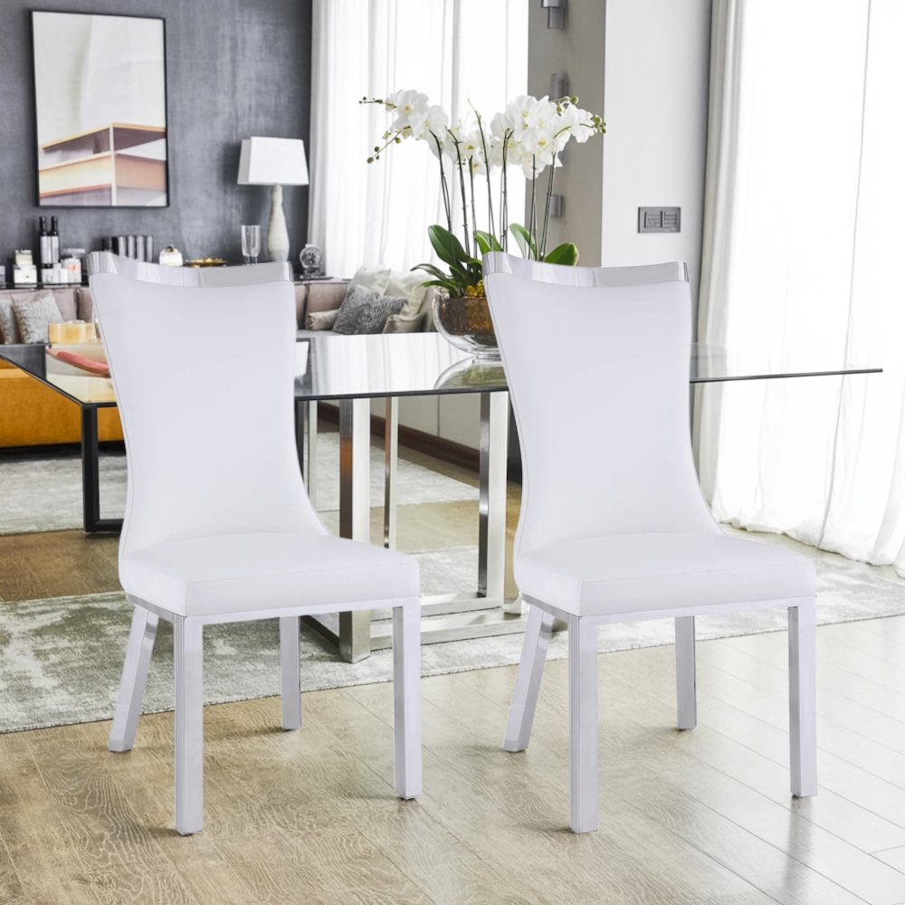 White Dining Chair Set of 2 - Faux Leather Upholstery and Steel Legs