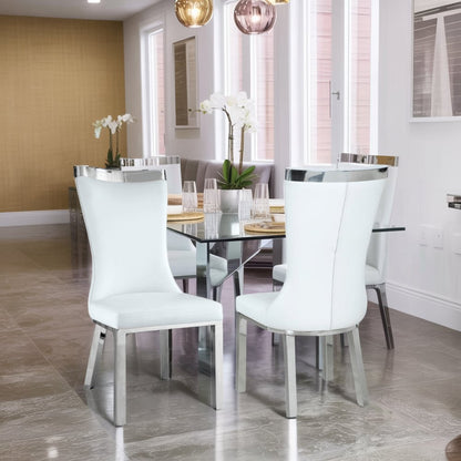 White Dining Chair Set of 2 - Faux Leather Upholstery and Steel Legs