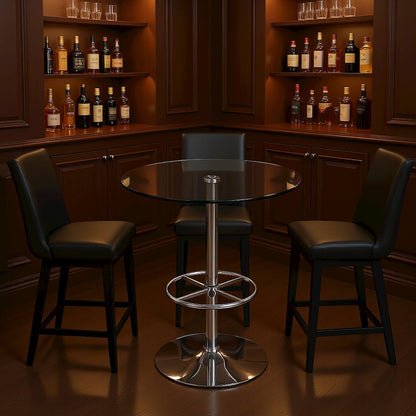 Glass Bar Table with Chrome Base – Counter Height Round Cocktail Table