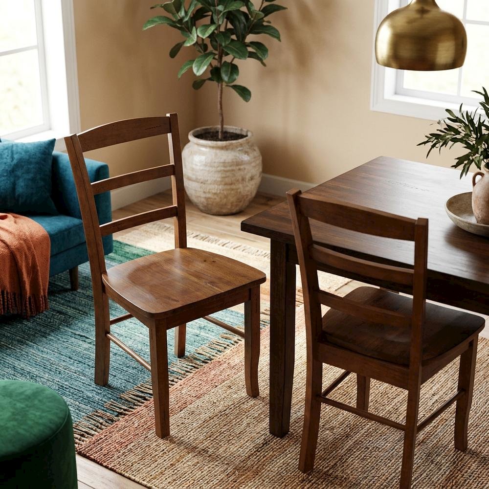 Distressed-Finish Solid Wood Ladderback Farmhouse Dining Chairs, Set of 2