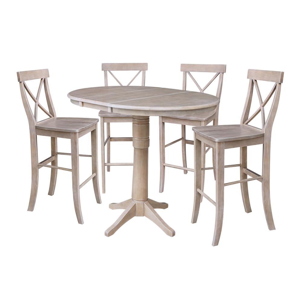 36" Round Top Pedestal Table With 12" Leaf - 28.9"H - Dining Height, Washed Gray Taupe