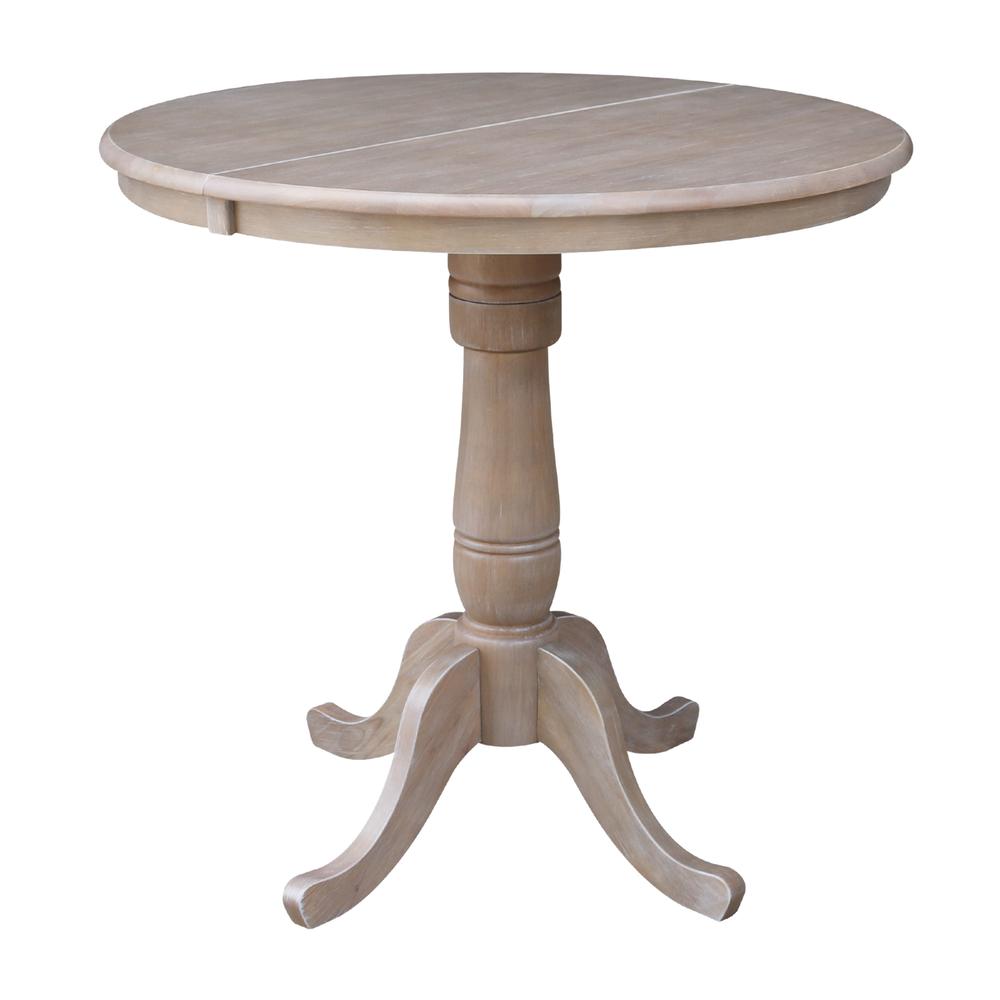 36" Round Top Pedestal Table With 12" Leaf - 34.9"H - Dining or Counter Height, Washed Gray Taupe