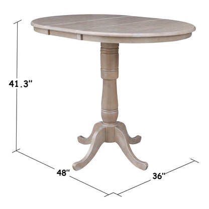 36" Round Top Pedestal Table With 12" Leaf - 34.9"H - Dining or Counter Height, Washed Gray Taupe