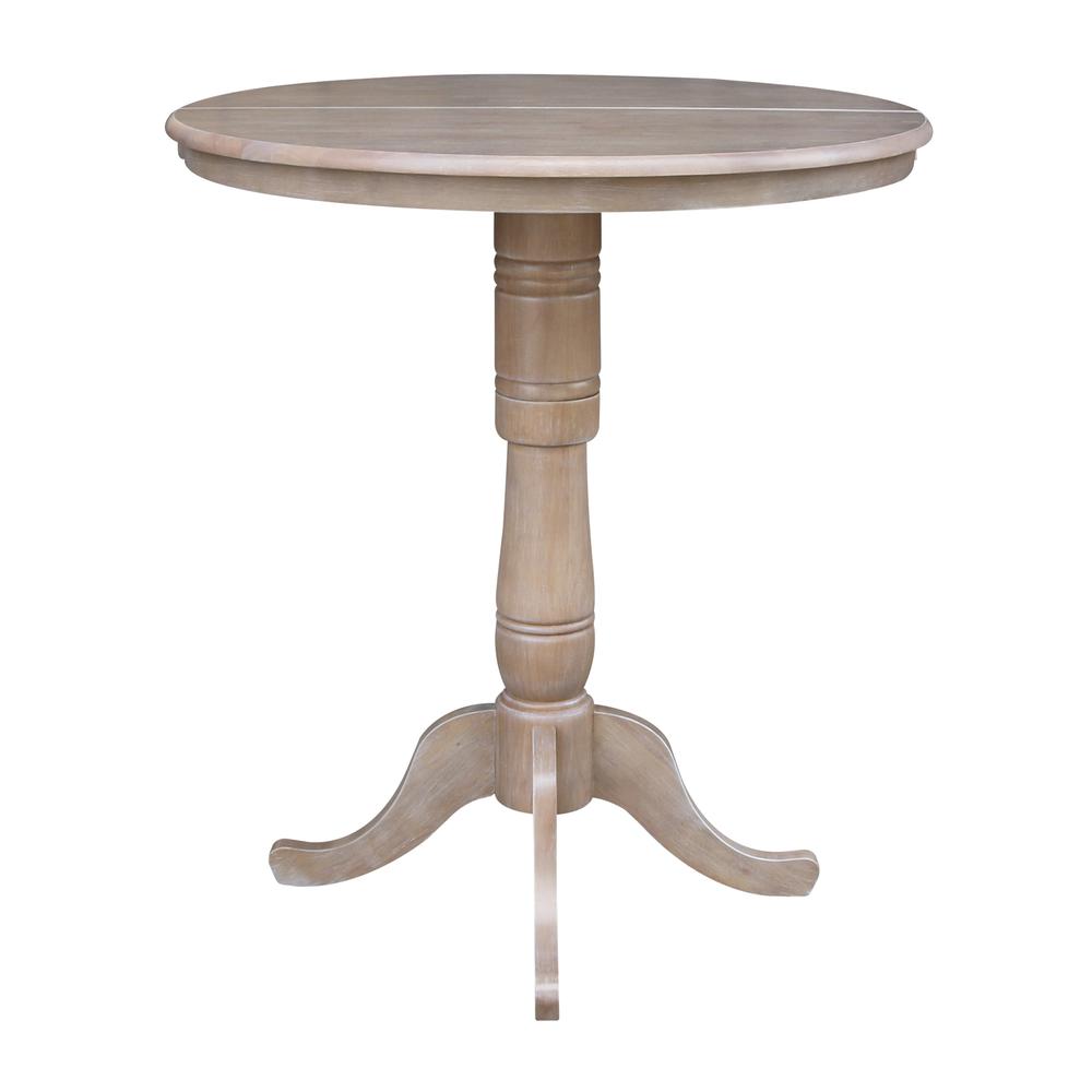 36" Round Top Pedestal Table With 12" Leaf - 34.9"H - Dining or Counter Height, Washed Gray Taupe