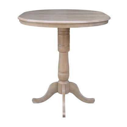 36" Round Top Pedestal Table With 12" Leaf - 34.9"H - Dining or Counter Height, Washed Gray Taupe