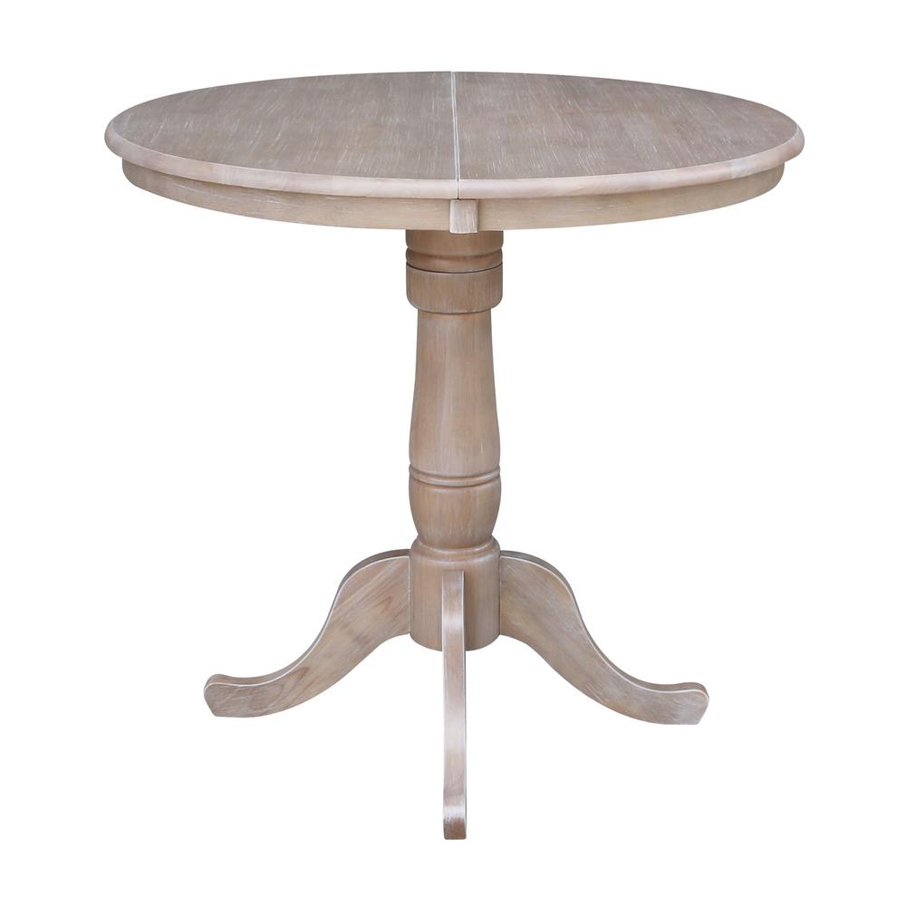 36" Round Top Pedestal Table With 12" Leaf - 34.9"H - Dining or Counter Height, Washed Gray Taupe