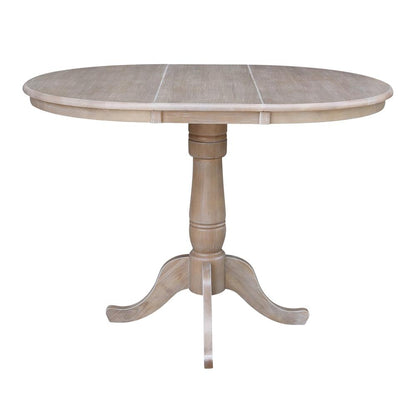 36" Round Top Pedestal Table With 12" Leaf - 34.9"H - Dining or Counter Height, Washed Gray Taupe