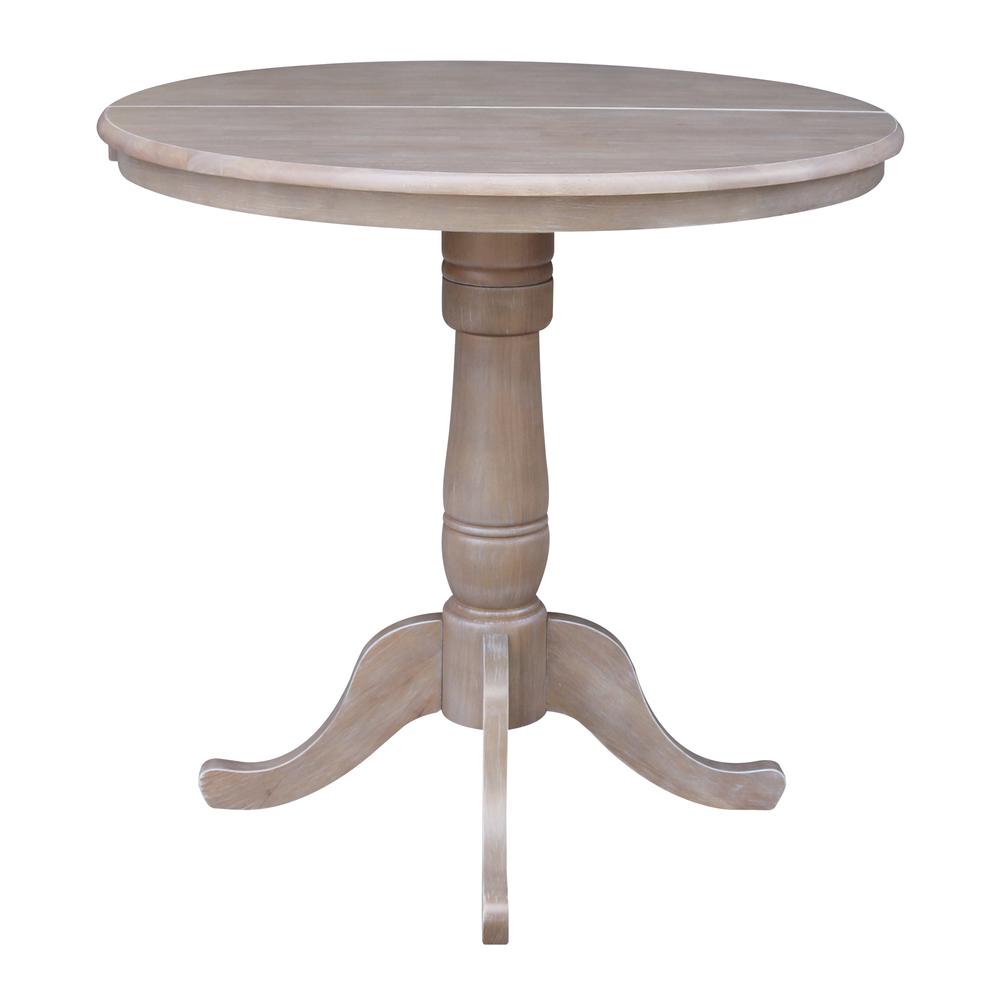 36" Round Top Pedestal Table With 12" Leaf - 34.9"H - Dining or Counter Height, Washed Gray Taupe