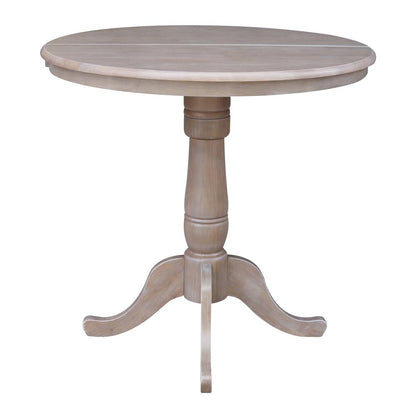 36" Round Top Pedestal Table With 12" Leaf - 34.9"H - Dining or Counter Height, Washed Gray Taupe