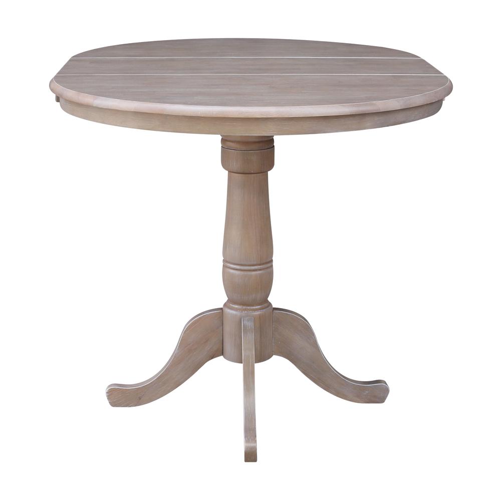 36" Round Top Pedestal Table With 12" Leaf - 34.9"H - Dining or Counter Height, Washed Gray Taupe