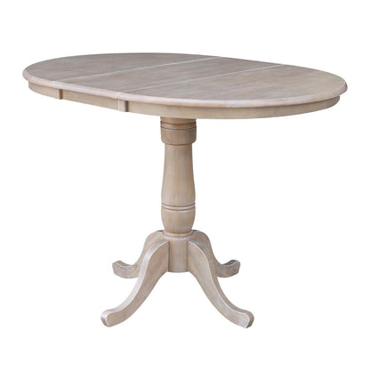 36" Round Top Pedestal Table With 12" Leaf - 34.9"H - Dining or Counter Height, Washed Gray Taupe