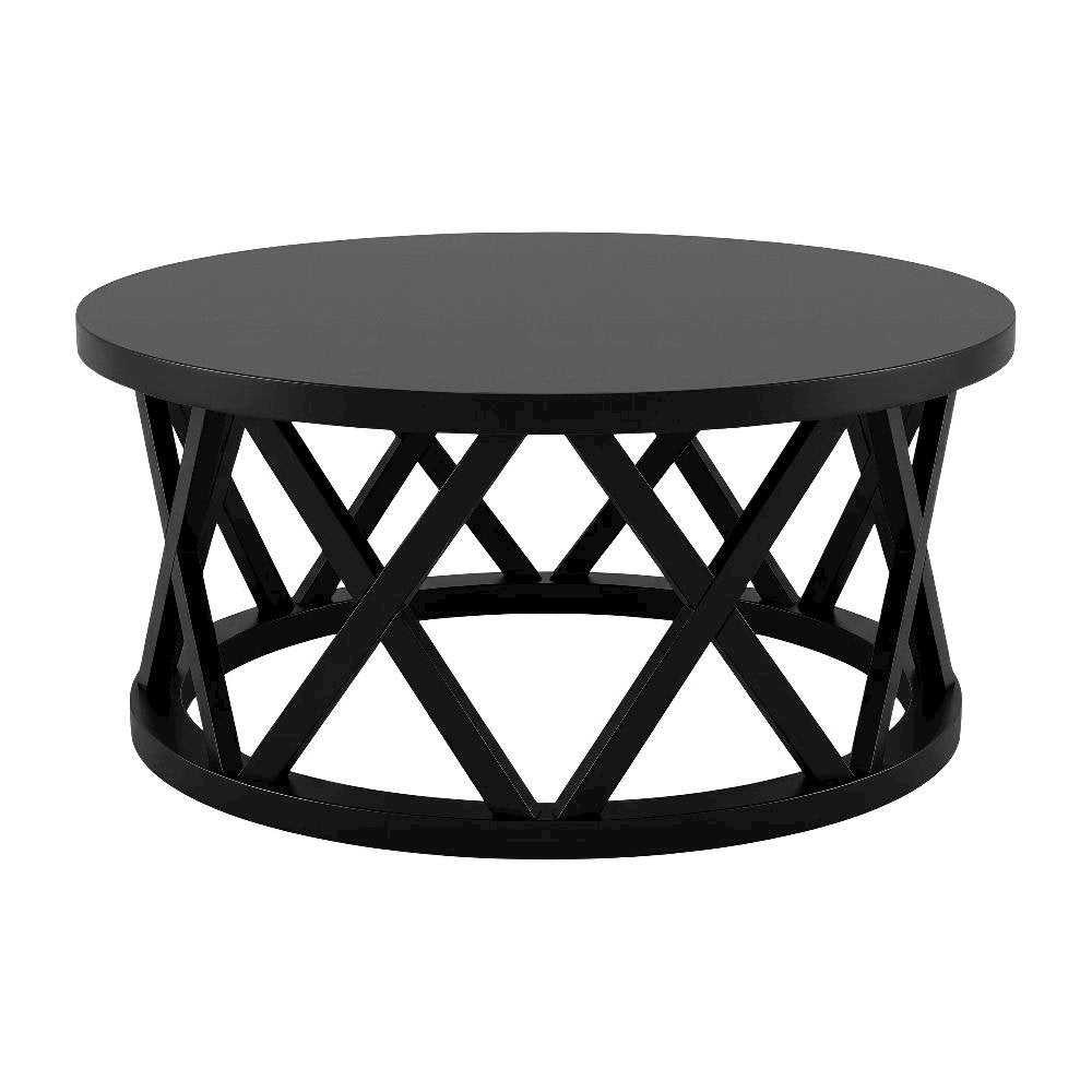 Black Round Coffee Table with Parawood Top and Sturdy Base 68.5 lb Capacity