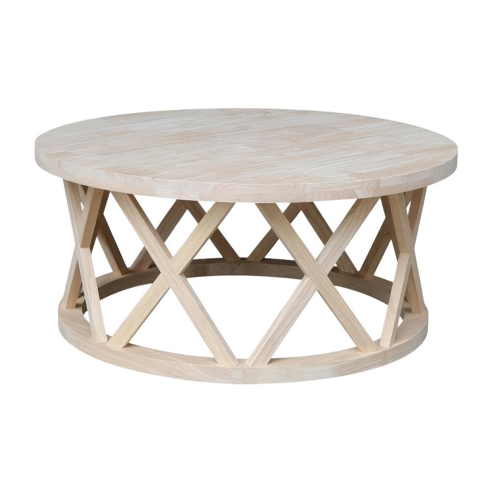 Unfinished Round Coffee Table with Parawood Construction and Sturdy Design