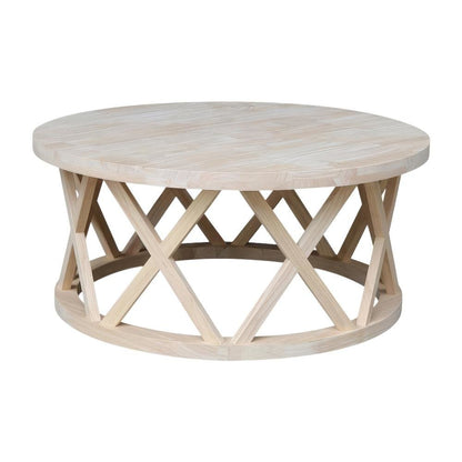Unfinished Round Coffee Table with Parawood Construction and Sturdy Design