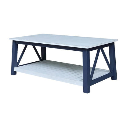 Blue Antiqued Chalk Coffee Table with Parawood Frame and Sturdy Construction