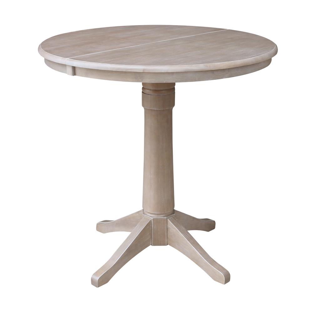 36" Round Top Pedestal Table With 12" Leaf - 34.9"H - Dining or Counter Height, Washed Gray Taupe