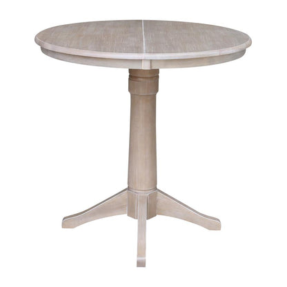 36" Round Top Pedestal Table With 12" Leaf - 34.9"H - Dining or Counter Height, Washed Gray Taupe
