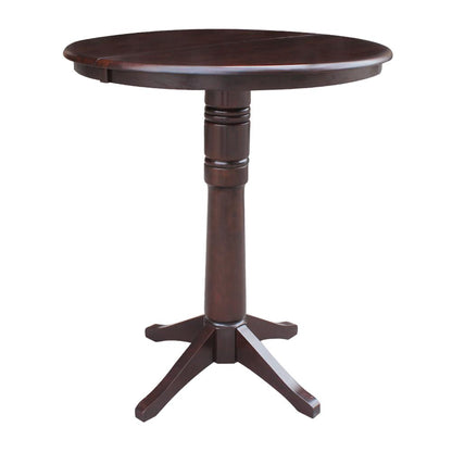 36" Round Top Pedestal Table With 12" Leaf - 34.9"H - Dining or Counter Height, Rich Mocha
