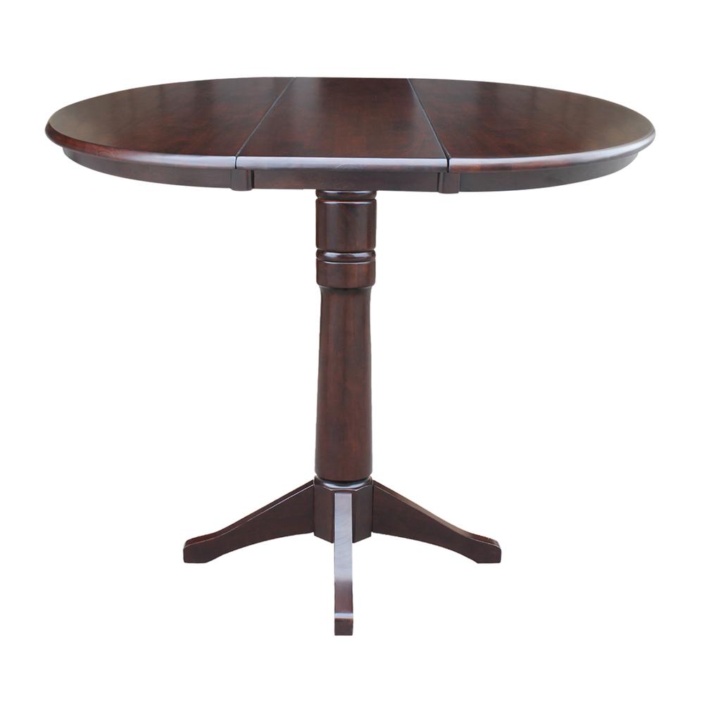 36" Round Top Pedestal Table With 12" Leaf - 34.9"H - Dining or Counter Height, Rich Mocha