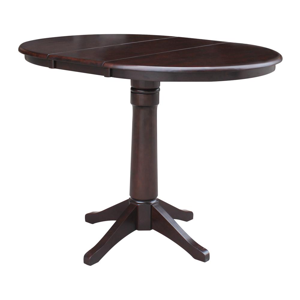 36" Round Top Pedestal Table With 12" Leaf - 34.9"H - Dining or Counter Height, Rich Mocha
