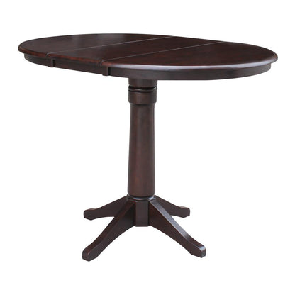 36" Round Top Pedestal Table With 12" Leaf - 34.9"H - Dining or Counter Height, Rich Mocha